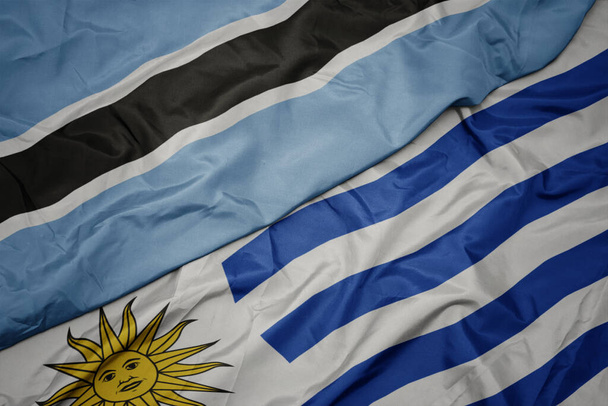 acenando bandeira colorida de uruguai e bandeira nacional de botswana. macro
 - Foto, Imagem