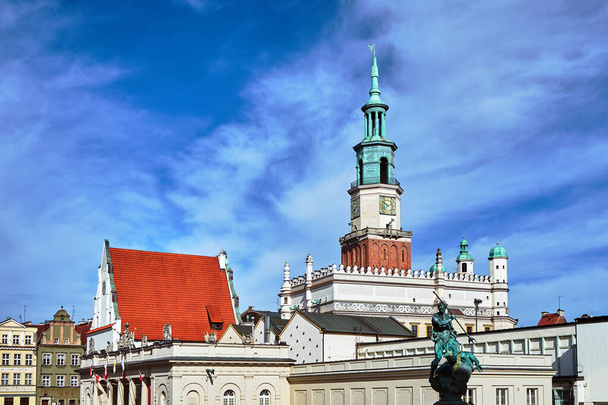 Statua di Nettuno e la torre del municipio rinascimentale sulla piazza del mercato di Poznan
 - Foto, immagini