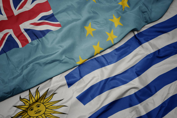 mává barevnou vlajkou uruguaye a státní vlajkou Tuvalu. makro - Fotografie, Obrázek