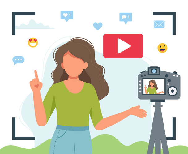 Video blogger recording video with camera. Different social media icons. Cute vector illustration in flat style - Vector, Image