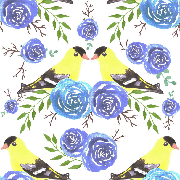 American goldfinches on rose twigs- seamless flowers and yellow birds - Vector, Image