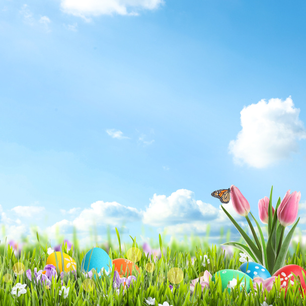 Leuchtende Ostereier und Blumen im grünen Gras vor blauem Hintergrund, Platz für Text - Foto, Bild
