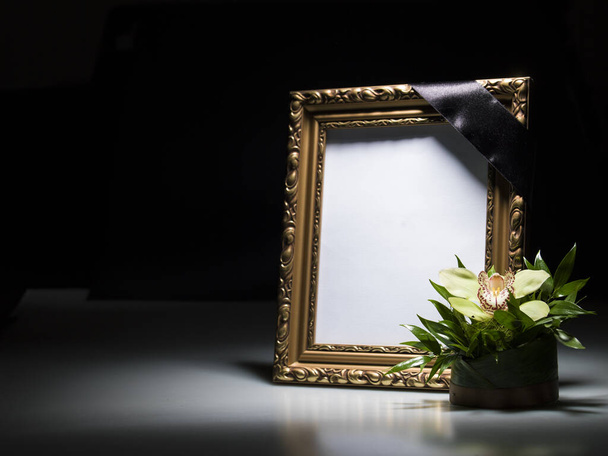 Blank mourning frame for sympathy card on dark background - Photo, Image