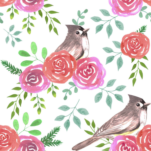 Tufted titmouse or Baeolophus bicolor bird on red and pink roses seamless watercolor birds painting background - Vector, Image