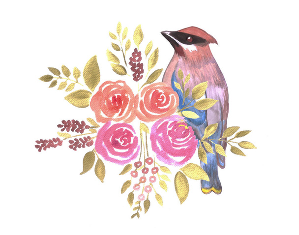 Watercolor Flowers and cedar waxwing bird - Vector, Image
