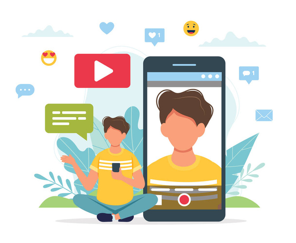 Video blogger recording video with smartphone. Cute vector illustration in flat style - Vector, Image