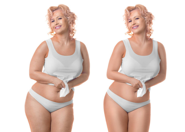 Χαμογελώντας συν μέγεθος γυναίκα πάνω από λευκό φόντο. Πριν και μετά τη διατροφή. - Φωτογραφία, εικόνα