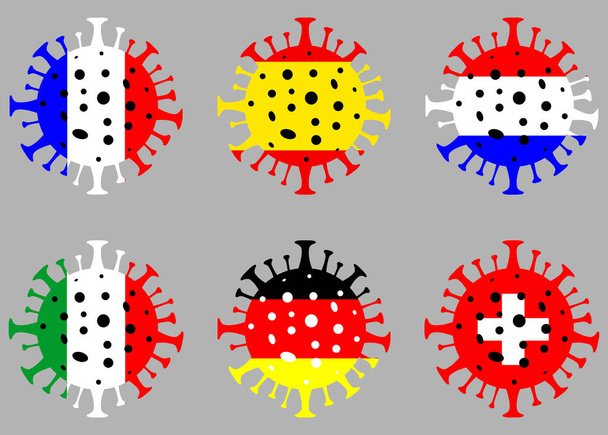 Coronavirus en Europa. Coronavirus en Suiza, España, Italia, Alemania, Francia, Países Bajos, Novel coronavirus (2019-nCoV), Abstract virus strain model
. - Vector, Imagen