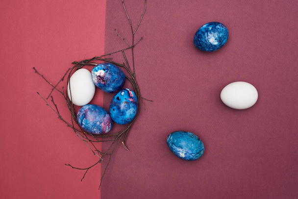 Oeufs colorés de Pâques et nid de branches sur fond de magenta
. - Photo, image