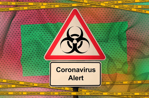 Maldives flag and Covid-19 biohazard symbol with quarantine orange tape. Coronavirus or pandemic 2019-nCov virus concept - Photo, Image