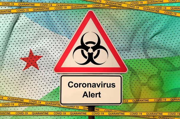 Dzsibuti zászló és Covid-19 biológiai veszély szimbólum karantén narancssárga szalaggal. Coronavirus vagy pandémia 2019-nCov vírus koncepció - Fotó, kép