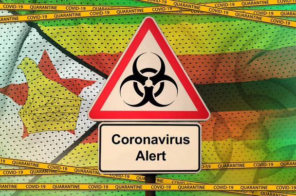Drapeau du Zimbabwe et symbole de danger biologique Covid-19 avec ruban orange de quarantaine. Coronavirus ou pandémie 2019-nCov concept de virus
 - Photo, image