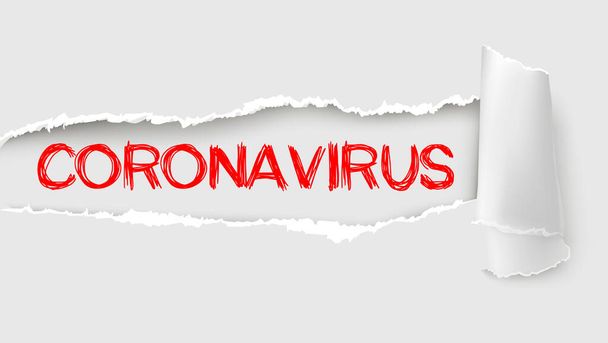 The text Coronavirus written under the curled piece of White torn paper. - Vector, imagen