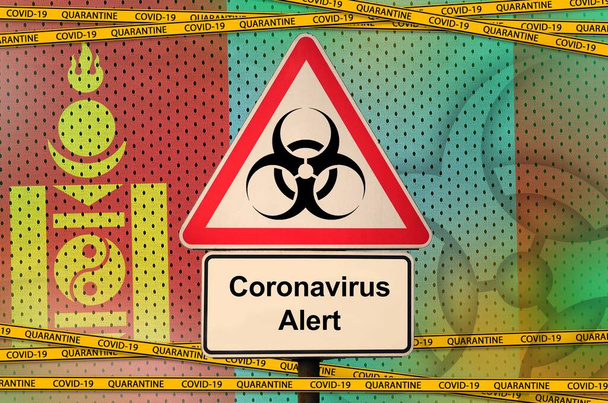 Mongolia flag and Covid-19 biohazard symbol with quarantine orange tape. Coronavirus or pandemic 2019-nCov virus concept - Photo, Image
