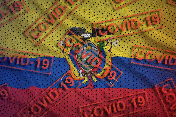 Ecuador flag and many red Covid-19 stamps. Coronavirus or pandemic 2019-nCov virus concept - Photo, Image