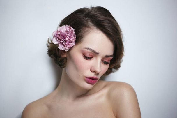 Vintage style portrait of young beautiful woman with clean makeup, selective focus - Photo, image