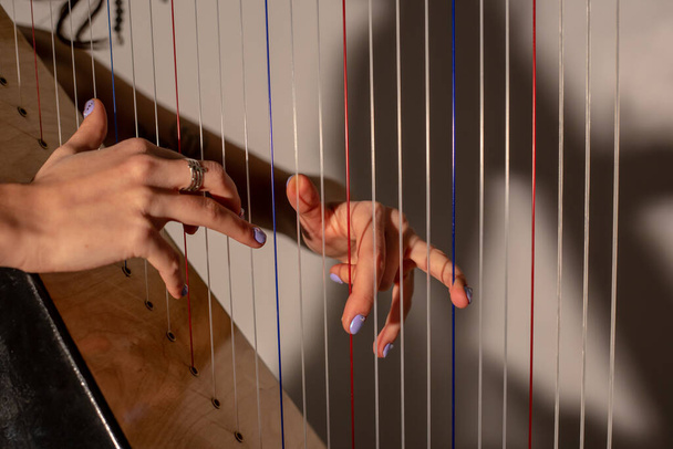 Ręce dziewczyny grającej na harfie - Zdjęcie, obraz