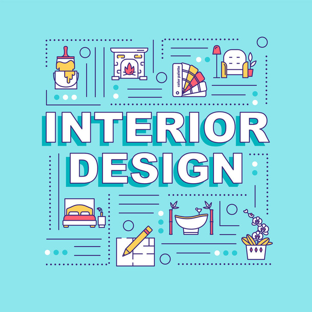 Interior design word concepts banner. Professional designer agency. Plan project. Infographics with linear icons on blue background. Isolated typography. Vector outline RGB color illustration - Вектор,изображение