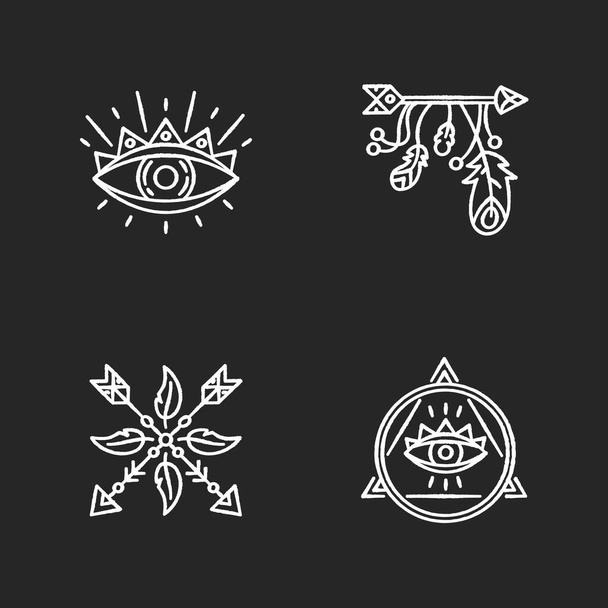 Магічні символи крейдяні білі ікони, встановлені на чорному тлі. Око провидіння, загадковий талісман. Стрілка і пір'я зачаровують у стилі бохо. Ізольовані векторні крейдяні ілюстрації
 - Вектор, зображення