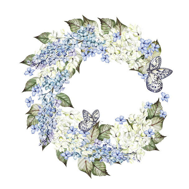 Watercolor wedding wreath with lilac flowers.  - Фото, изображение