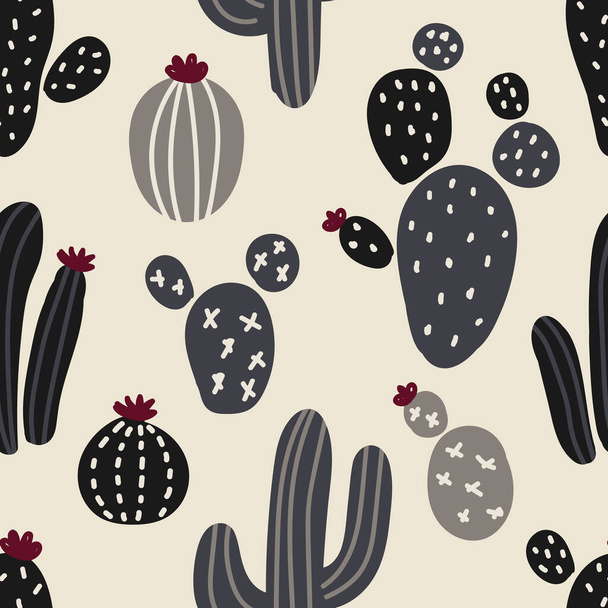 Cute seamless background with hand drawn cactus in scandinavian style, neutral colors botanical pattern, can be used for kids nursery textile and fabrics, wallpaper etc - Wektor, obraz