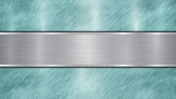 Hintergrund bestehend aus einer hellblau glänzenden metallischen Oberfläche und einer horizontal polierten Silberplatte, die sich mittig befindet, mit metallischer Struktur, grellen Farben und polierten Kanten - Vektor, Bild