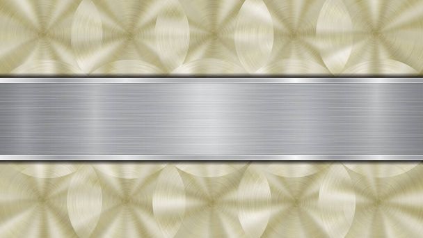 Background consisting of a golden shiny metallic surface and one horizontal polished silver plate located centrally, with a metal texture, glares and burnished edges - Vector, Image