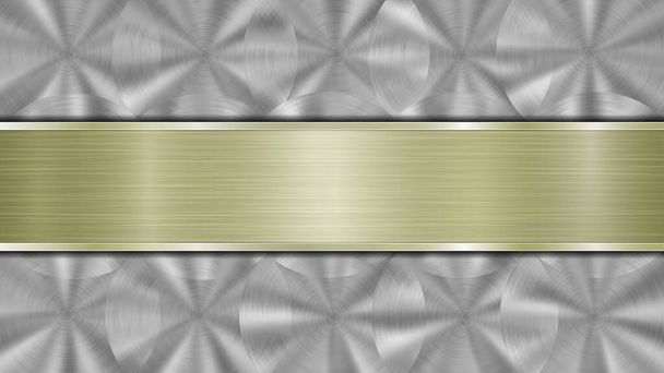 Fondo compuesto por una superficie metálica brillante plateada y una placa dorada pulida horizontal situada en el centro, con una textura metálica, reflejos y bordes bruñidos
 - Vector, imagen