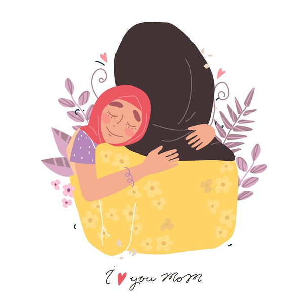 Arabic happy family. Mothers day greeting card. Mom and girl are smiling and hugging. Family holiday and togetherness. Vector eps 10 - Vector, Image