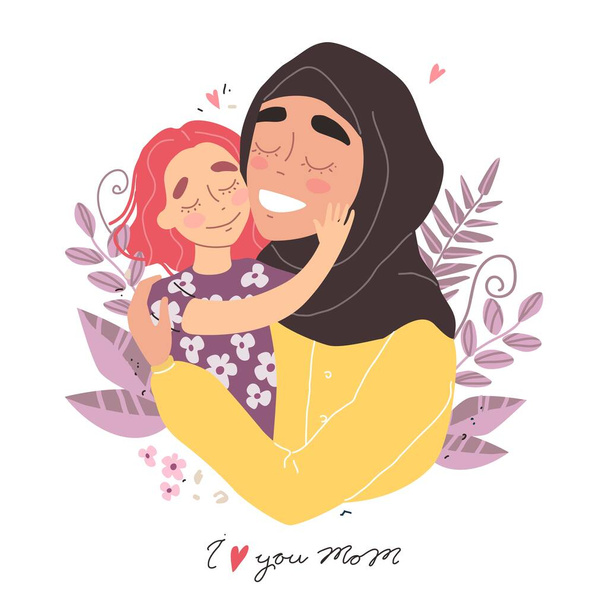 Arab boldog család. Anyák napi üdvözlőlap. Anya és a lány mosolyognak és ölelkeznek. Családi nyaralás és együttlét. EPS 10 vektor - Vektor, kép