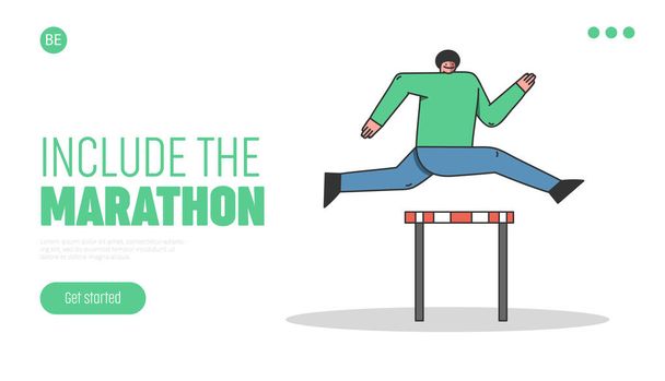 Steeplechase And Sports Competitions Concept. Website Landing Page. Sportsman Take Part In Run Competition. Man Try To Win Jumping Over the Barrier. Web Page Cartoon Linear Flat Vector Illustration - Vector, Image