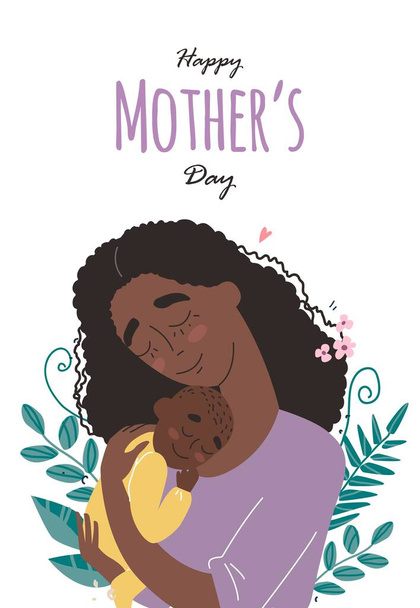 Mothers day greeting card. Black african american mother hugs baby. Family holiday and togetherness. Vector eps 10 - Vector, afbeelding
