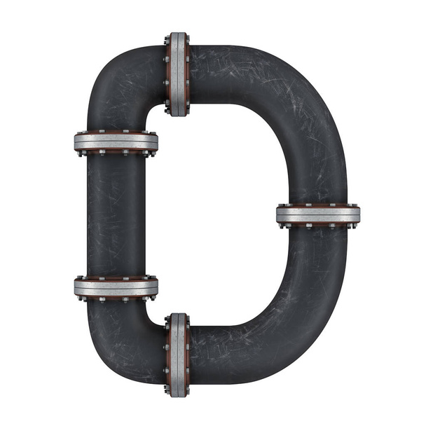Letter D from cast iron pipes, 3D rendering isolated on white background - Photo, Image