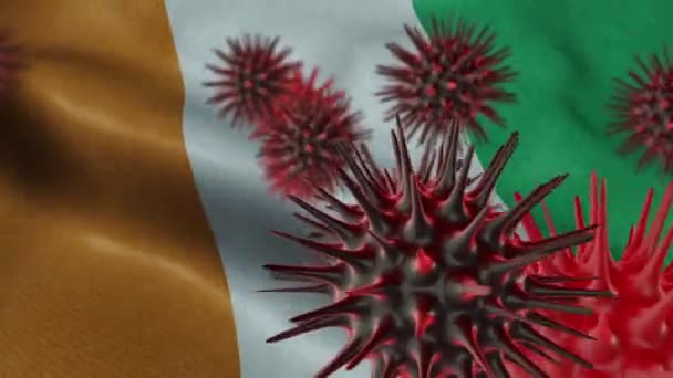 Sallanan Kota Divoire Bayrağında 3 Boyutlu Coronavirus Hastalığı  - Video, Çekim