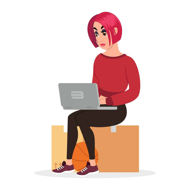 Redheaded girl sitting on cardboard box, looking for work or new flat, houseroom at laptop. - Vector, Image