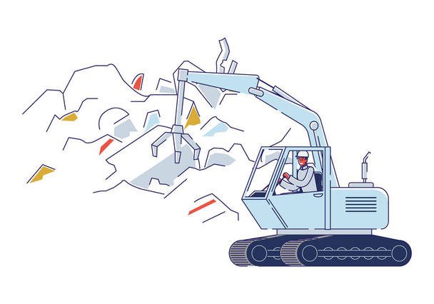 Recycling Plant For Old Broken Metal Things. Character In Uniform Is Working On Junkyard On Crane With Open Claw Sorting Piles Of Scrap Metal. Cartoon Linear Outline Flat Style. Vector Illustration - Vector, Image