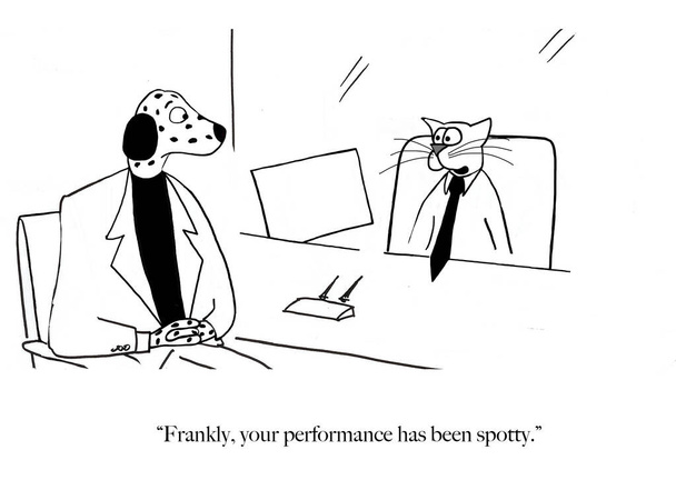 In cartoon setting, the boss cat is telling the dalmation dog employee it has had spotty performance.  - Photo, Image