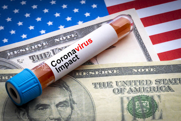 CORONAVIRUS IMPACT szöveg, amerikai dollár és vérminta vákuum cső Amerika zászlók háttér. Covid-19 vagy Coronavirus koncepció  - Fotó, kép