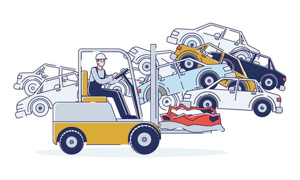 Concept Of Utilization Of Vehicles. Man Is Working On Junkyard Sorting Old Used Automobiles And Piles of Damaged Cars. Character Working On Forklift. Cartoon Linear Outline Flat Vector Illustration - Vector, Image