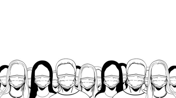 外科的マスクの男と女の顔に。大気汚染、致命的な株のインフルエンザの流行、コロナウイルス、ウイルス保護イラスト。線で観客ベクトルスケッチ - ベクター画像
