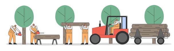 Käsitys puiden katkaisemisesta. Ammattimainen saha työntekijä kuljettaa valtava lokit traktorit perävaunun jatkojalostukseen. Maailmanlaajuinen metsäkato. Sarjakuva lineaarinen ääriviivat tasainen tyyli. Vektorikuvaus
 - Vektori, kuva