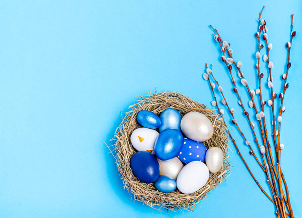 Easter eggs of blue flowers in a decorative nest of straw and pussy-willow branches on a blue background, copy space, flat lay. Place for text. The concept of the holiday, spring. View from above. - 写真・画像