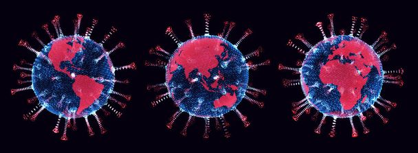 Coronavirus analízis 3D-s holografikus modellként, piros térképpel a világszerte fertőzött területekről. Orvosi kutatási téma 3D illusztrációként. - Fotó, kép