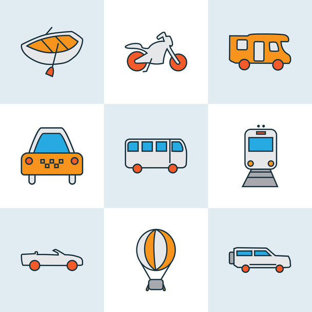 Ícones do veículo colorido linha definida com barco, cabriolet, táxi e outros elementos do dirigível. Ícones de veículos de ilustração isolados
. - Foto, Imagem
