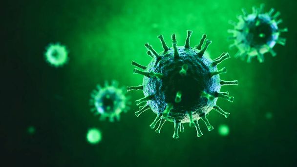 Nebezpečný pandemický koronavirus covid-19 chřipka 3D vykreslování se zeleným pozadím a hlubokým polním efektem. - Fotografie, Obrázek