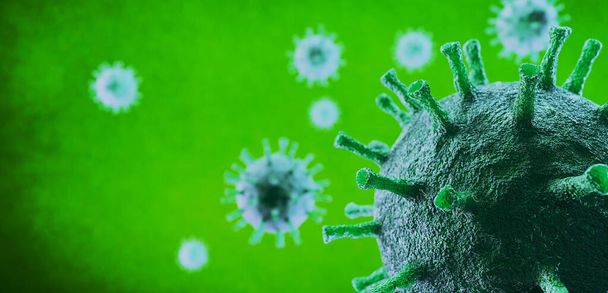 Veszélyes pandémiás coronavirus covid-19 influenza 3D renderelés zöld háttérrel és mély mező hatással. - Fotó, kép