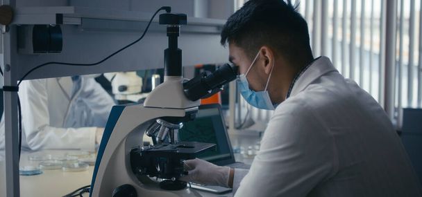 Wetenschapper die steekproef in microscoop bestudeert - Foto, afbeelding