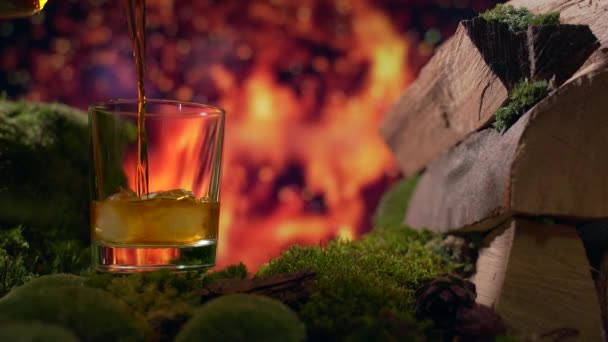 slow motion. pours whiskey or brandy into a glass of ice. amid burning fire. firewood moss nature. wood. Fireplace. evening drinking in nature. close up - Filmagem, Vídeo
