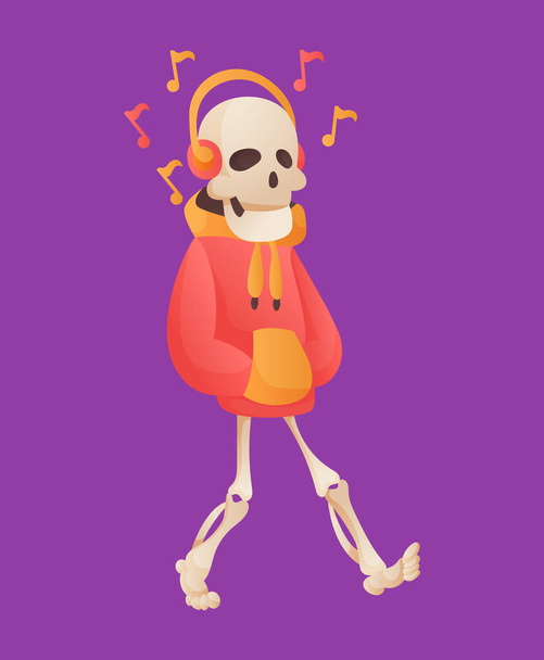 Divertido esqueleto de dibujos animados escuchó música en los auriculares. Carácter óseo vectorial. Huesos humanos ilustración esquelética. Hombre muerto sobre fondo de color
 - Vector, imagen