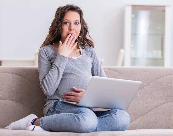 Pregnant woman working on laptop sitting on sofa - 写真・画像